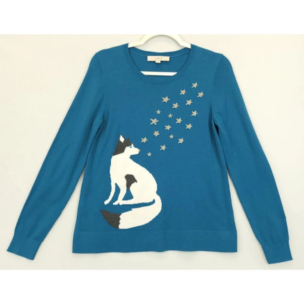 LOFT Sweater Women M Blue Knit Pullover Huskey Dog Stars Graphic Whimsical Cozy - Picture 1 of 12
